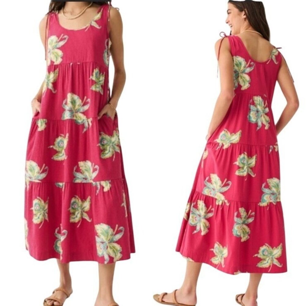 Faherty Dress Womens XS Lanai Seersucker Dress Orchid Blosson Tiered Pockets